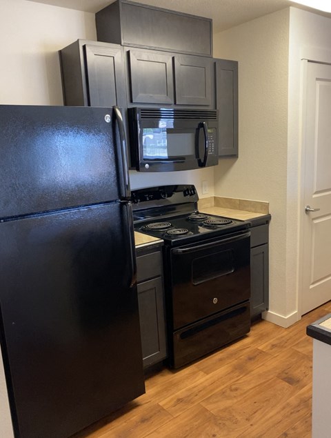 A black fridge and stove in a kitchen.